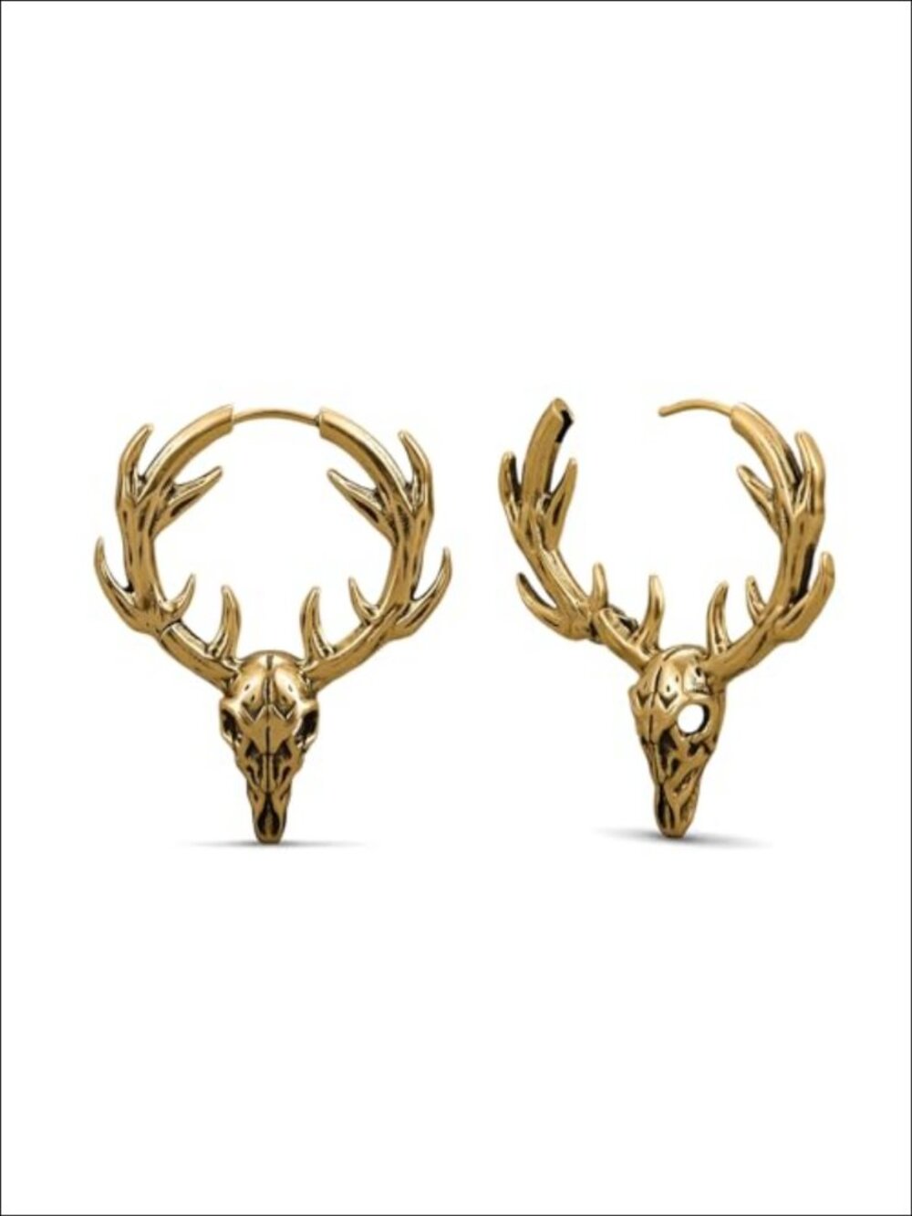 Gothic Stag Skull Hoop Earrings 18K Gold Plated 925 Silver Post Unisex Punk